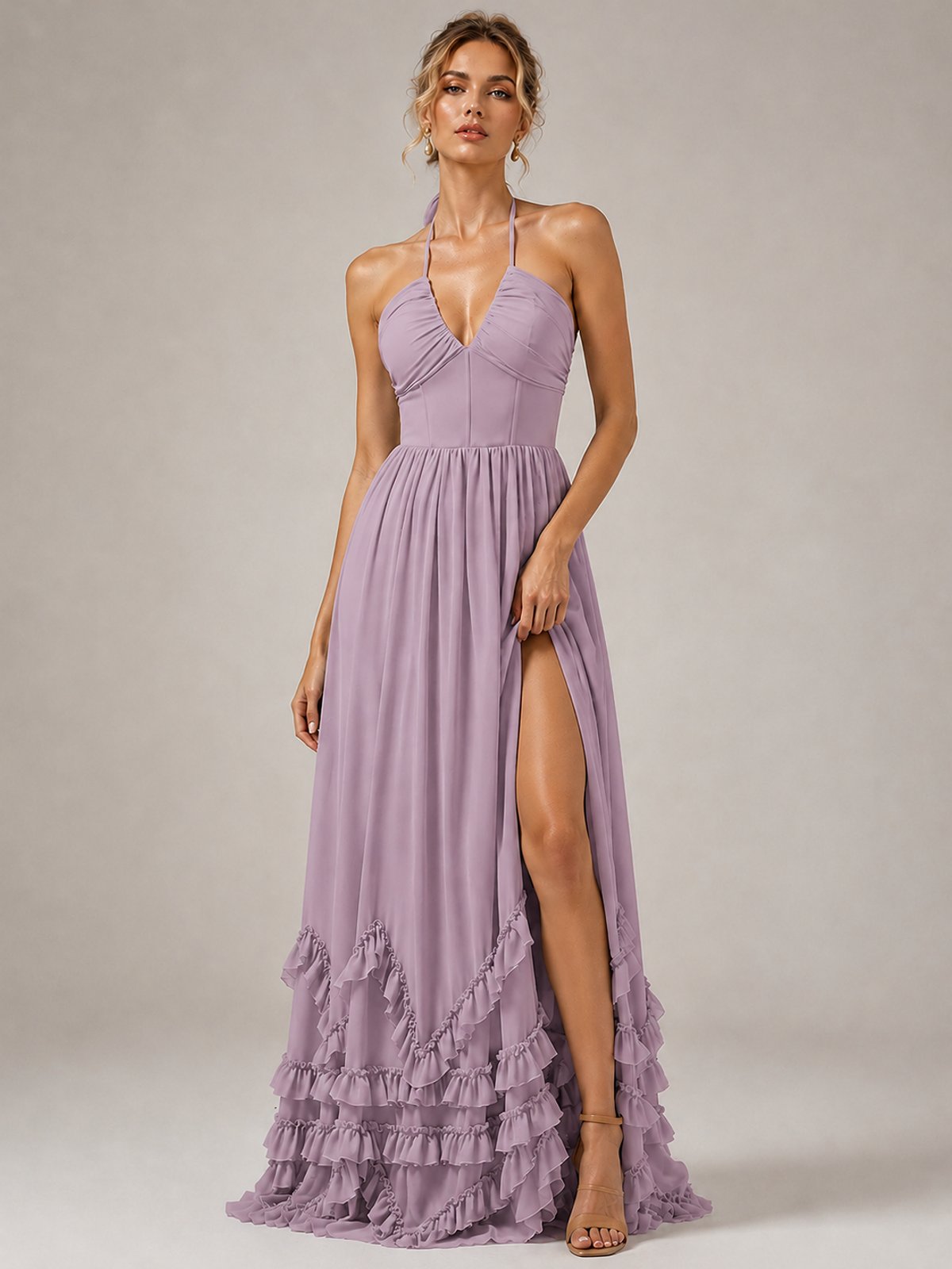 Halter V Neck Chiffon Formal Dress with Lace-Up Back and Ruffle Hem