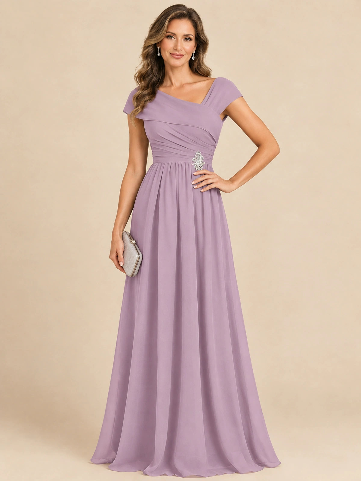 Cap Sleeve Mother of The Bride Dresses Long Chiffon Formal Gowns