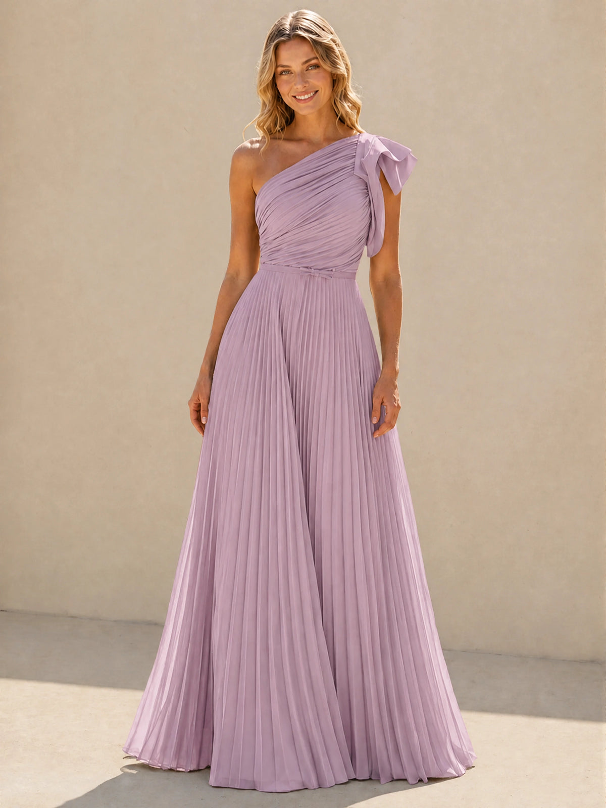 One Shoulder Pleated Chiffon A-Line Floor-Length Bridesmaid Dress