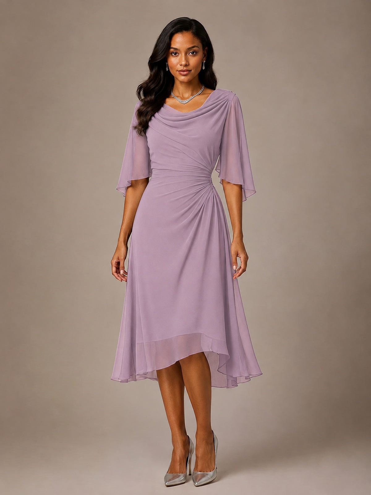 Cowl Neck Ruched Chiffon Mother of the Bride Dresses with Flutter Sleeves