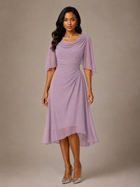 Cowl Neck Ruched Chiffon Mother of the Bride Dresses with Flutter Sleeves