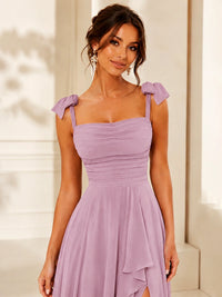 Ruffle Slit Chiffon A Line Scoop Neck Bridesmaid Dresses with Pockets