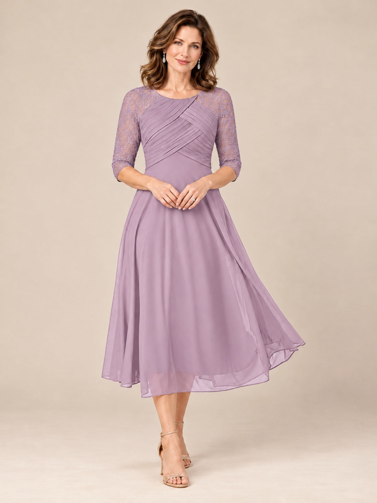 Dusty Purple-Lace Applique Pleated Tea Length Mother of The Bride Dresses