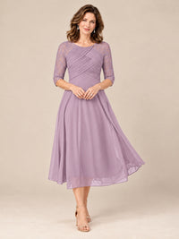 Dusty Purple-Lace Applique Pleated Tea Length Mother of The Bride Dresses