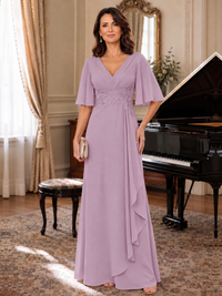 Dusty Purple V-Neck Chiffon Lace Mother of the Bride Dresses with Flutter Sleeve A-line Long Ruffled Evening Formal Wedding Guest Gown