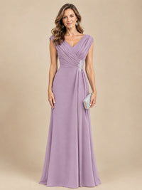 V Neck Pleated Mother of The Bride Dresses with Beading Cap Sleeves