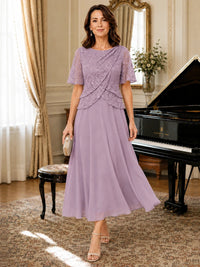 Tea-Length Chiffon Mother of the Bride Dress with Sequin Lace Sleeves