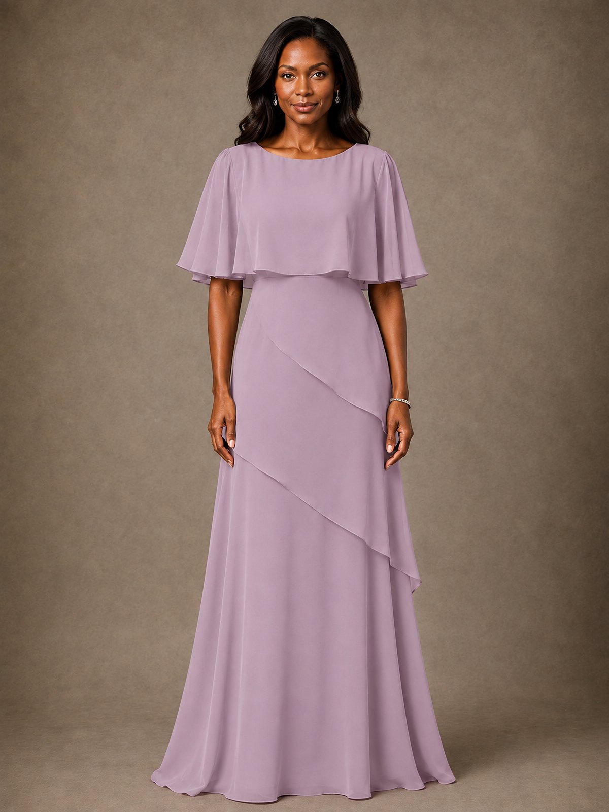 Taupe Chiffon A-Line Mother of the Bride Dress with Cape Sleeves