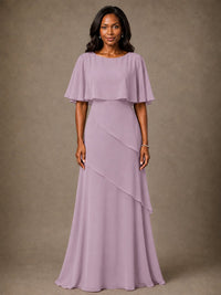 Taupe Chiffon A-Line Mother of the Bride Dress with Cape Sleeves