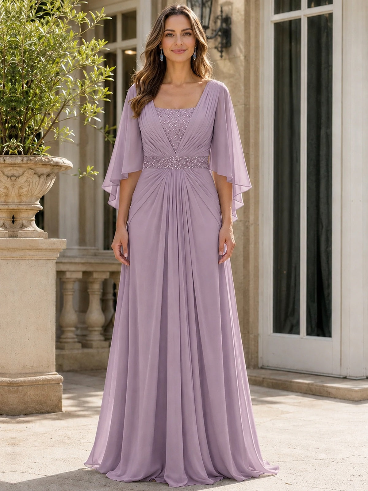 Elegant V-Neck Sequined Chiffon Mother of the Bride Dress with Flutter Sleeves