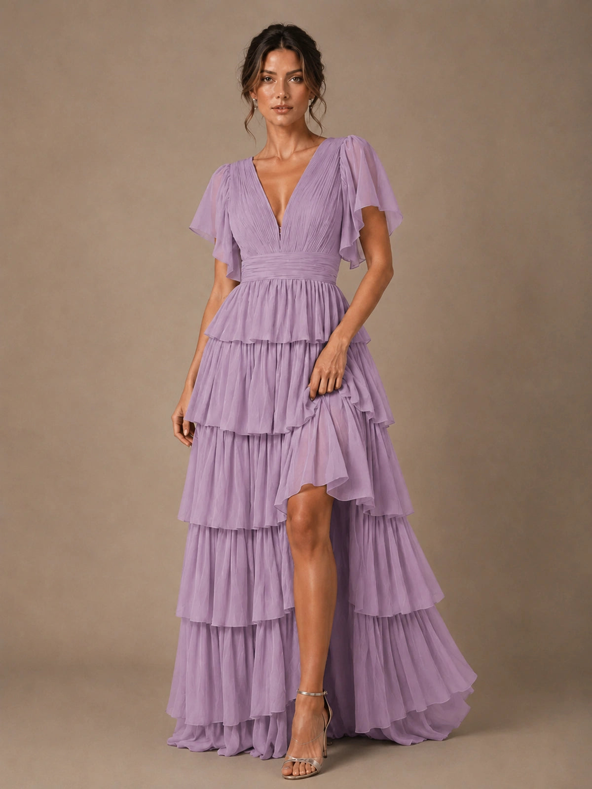 Chiffon V-Neck Tiered Ruffle Bridesmaid Dress with Slit