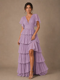 Chiffon V-Neck Tiered Ruffle Bridesmaid Dress with Slit
