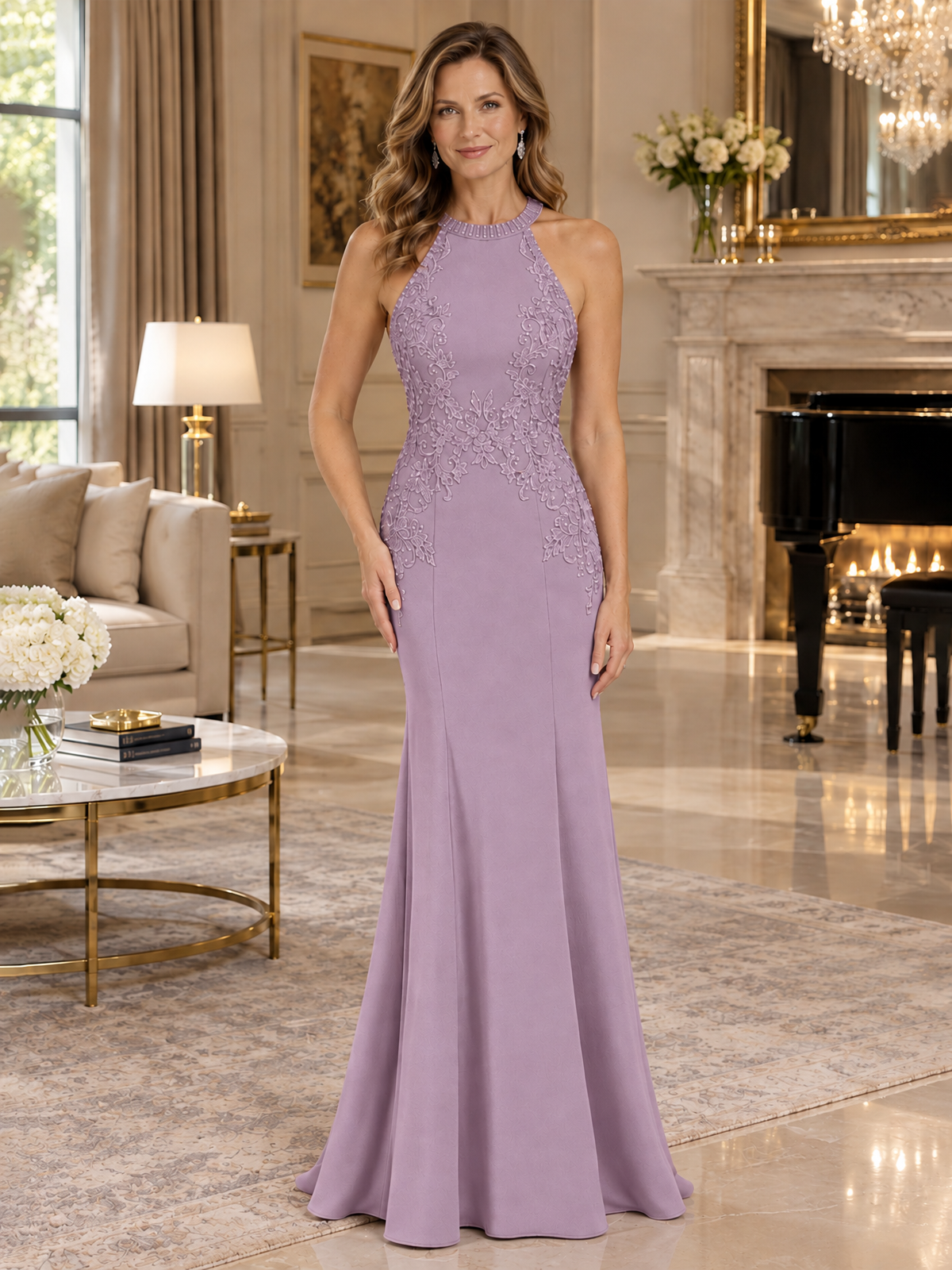 Halter Neckline Lace Appliques Mother of The Bride Dresses