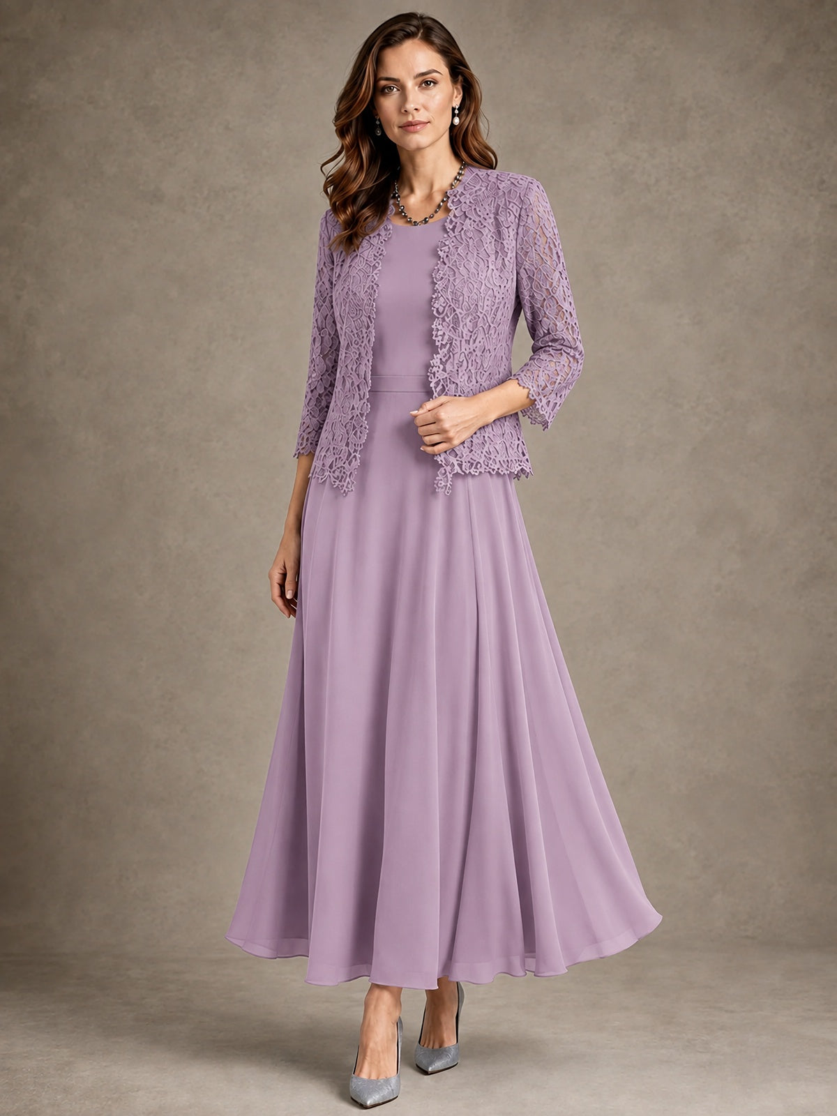 2-Piece Chiffon Mother of the Bride Dress with Lace Jacket