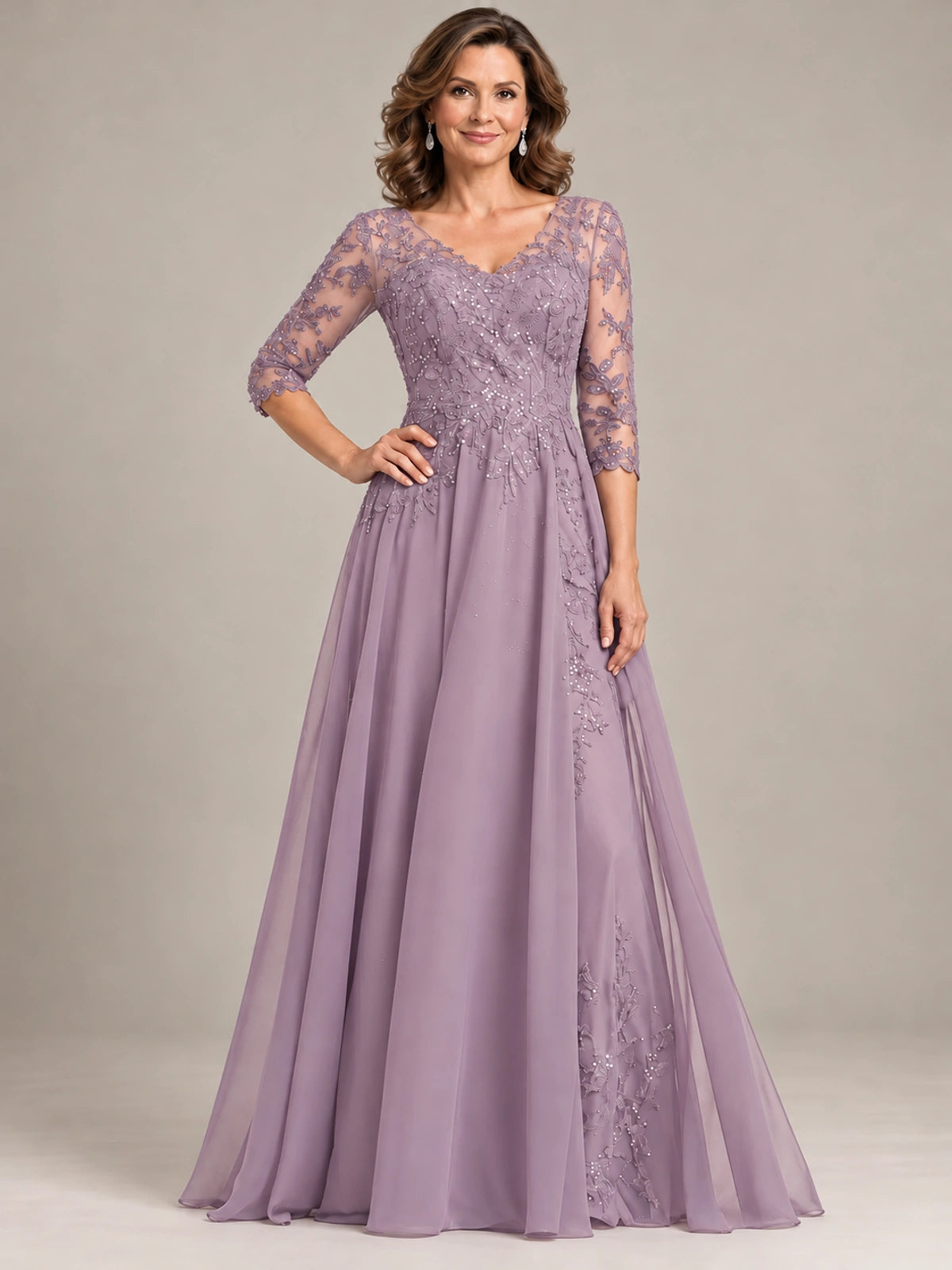 Sequin Lace A-Line Mother of the Bride Dress with 3/4 Sleeves