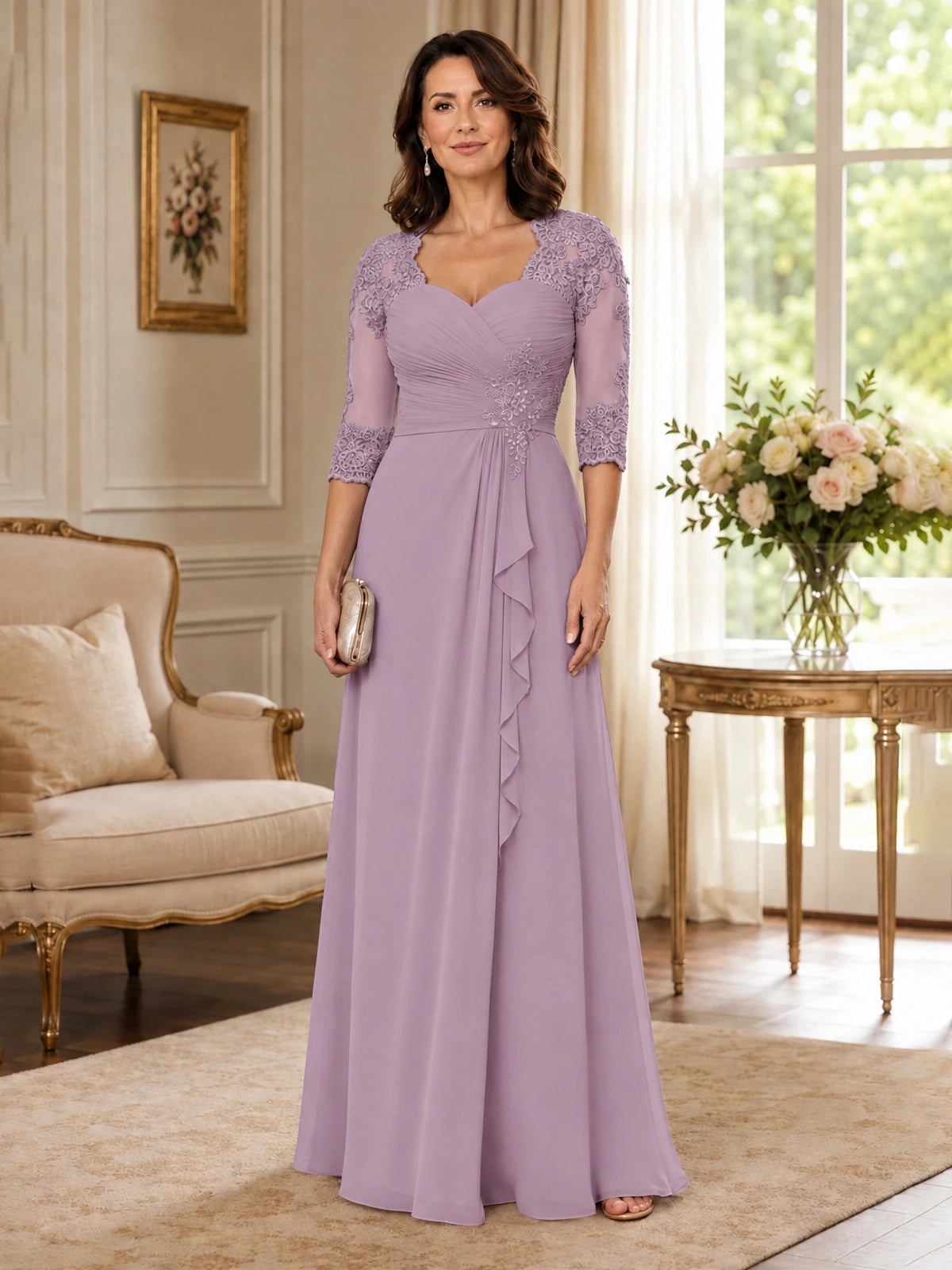 Chiffon Lace Applique Mother of the Bride Dress with 3/4 Sleeves