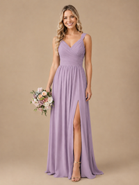 Pleated Chiffon V Neck Wedding Bridesmaid Dresses Floor Length with Slit