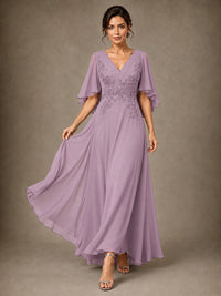 V-Neck Chiffon Lace Mother of the Bride Dress with Flutter Sleeves