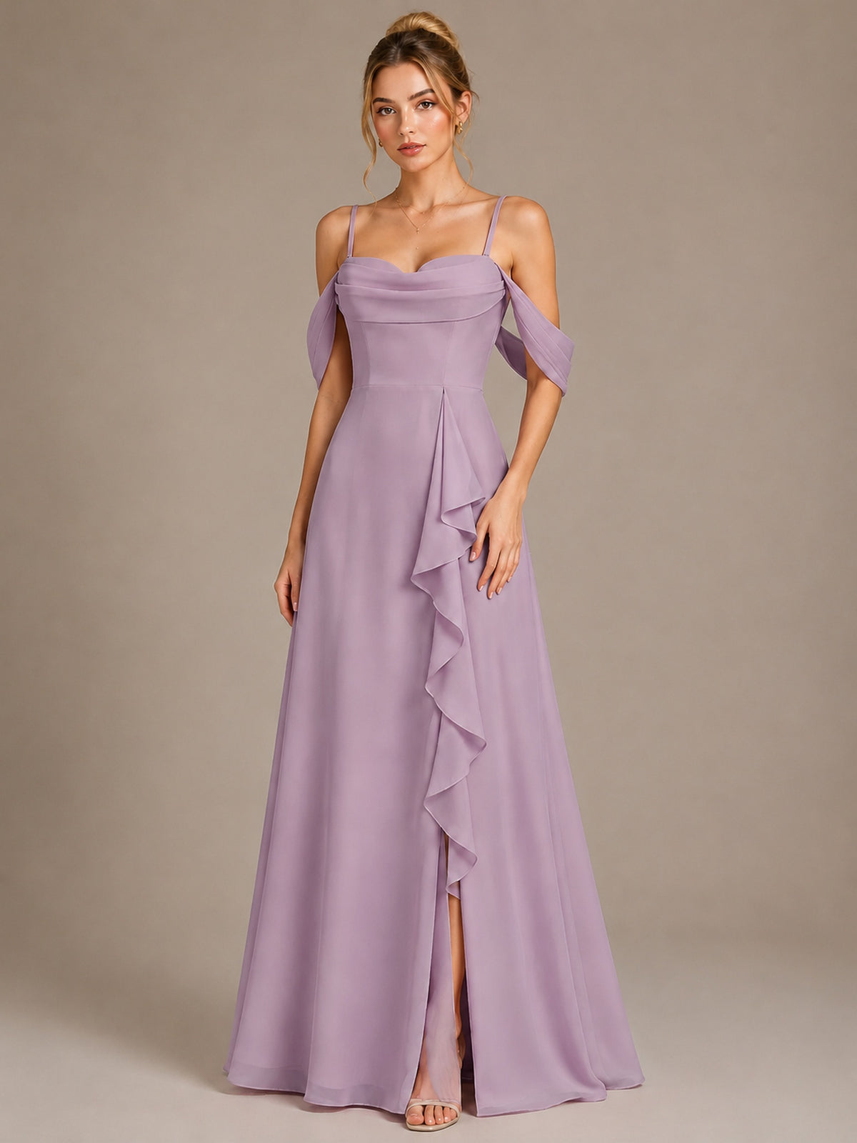 Spaghetti Strap Chiffon Bridesmaid Dress with Ruffles Slit