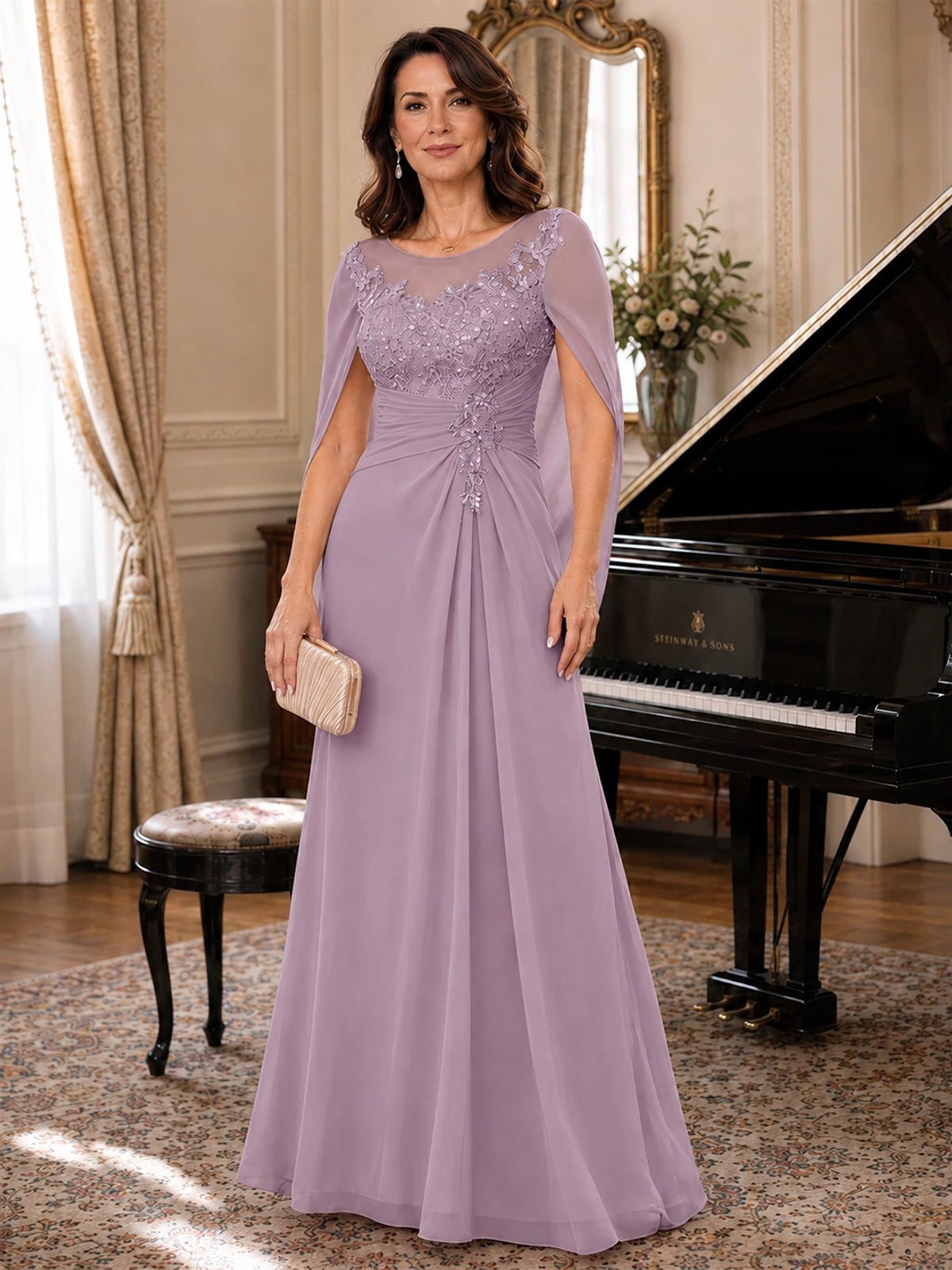 Elegant Applique Chiffon Mother of the Bride Dress with Cape Sleeves