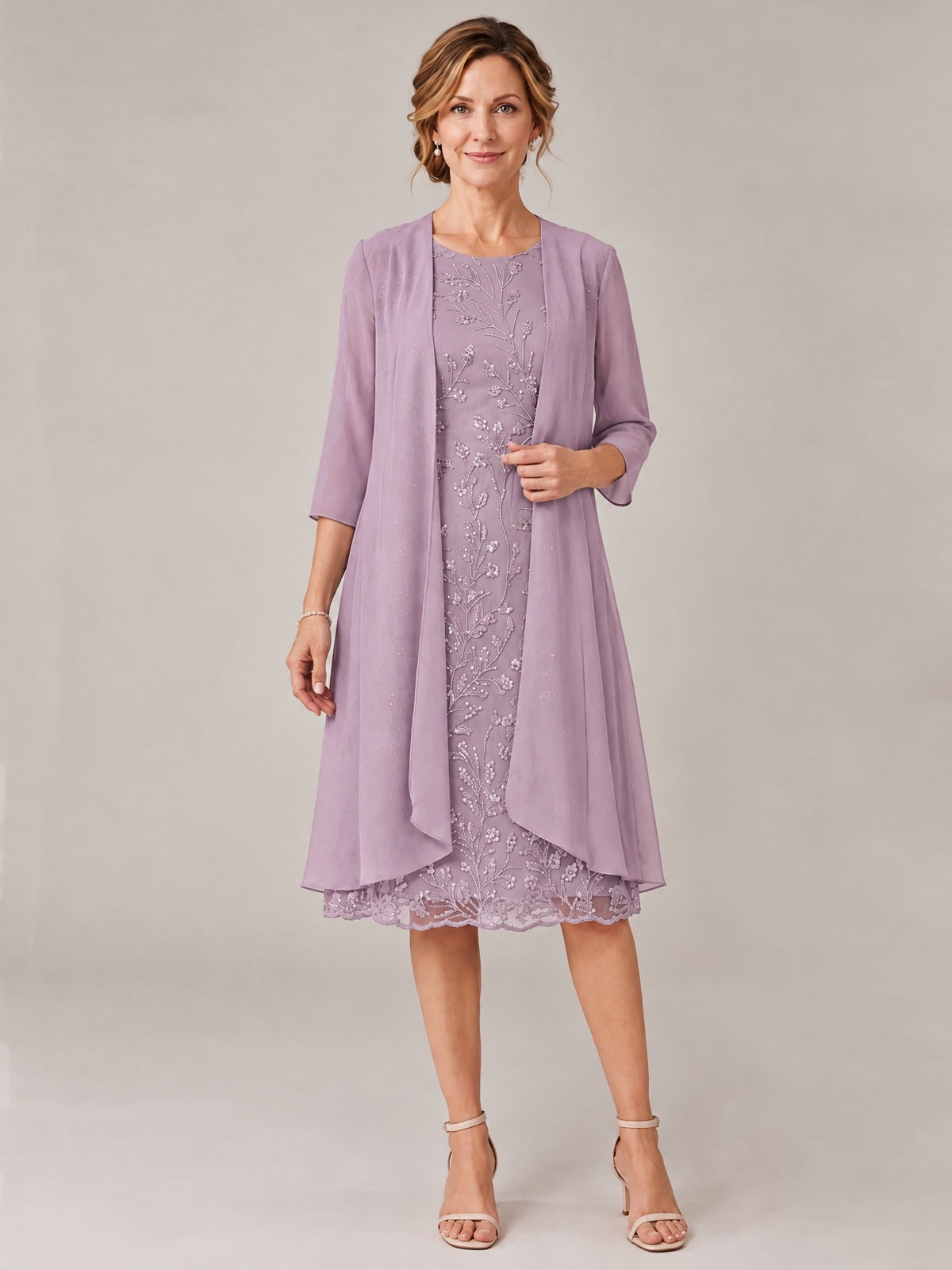 Dusty Purple-2 Piece Lace Appliques Chiffon Mother of The Bride Dress with Sequin