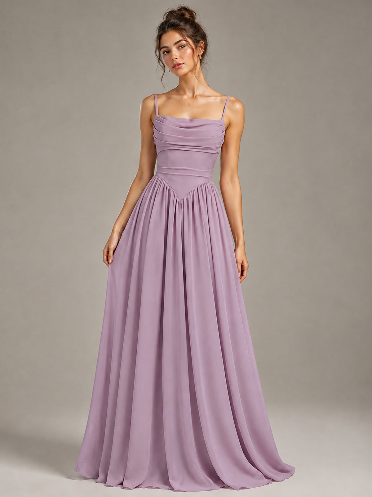 Spaghetti Strap Ruched Chiffon Maxi Dress with Backless
