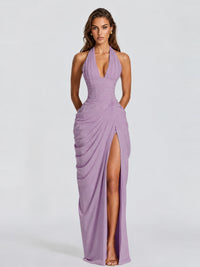 Ruched Halter Neck High-Slit Prom & Evening Dress