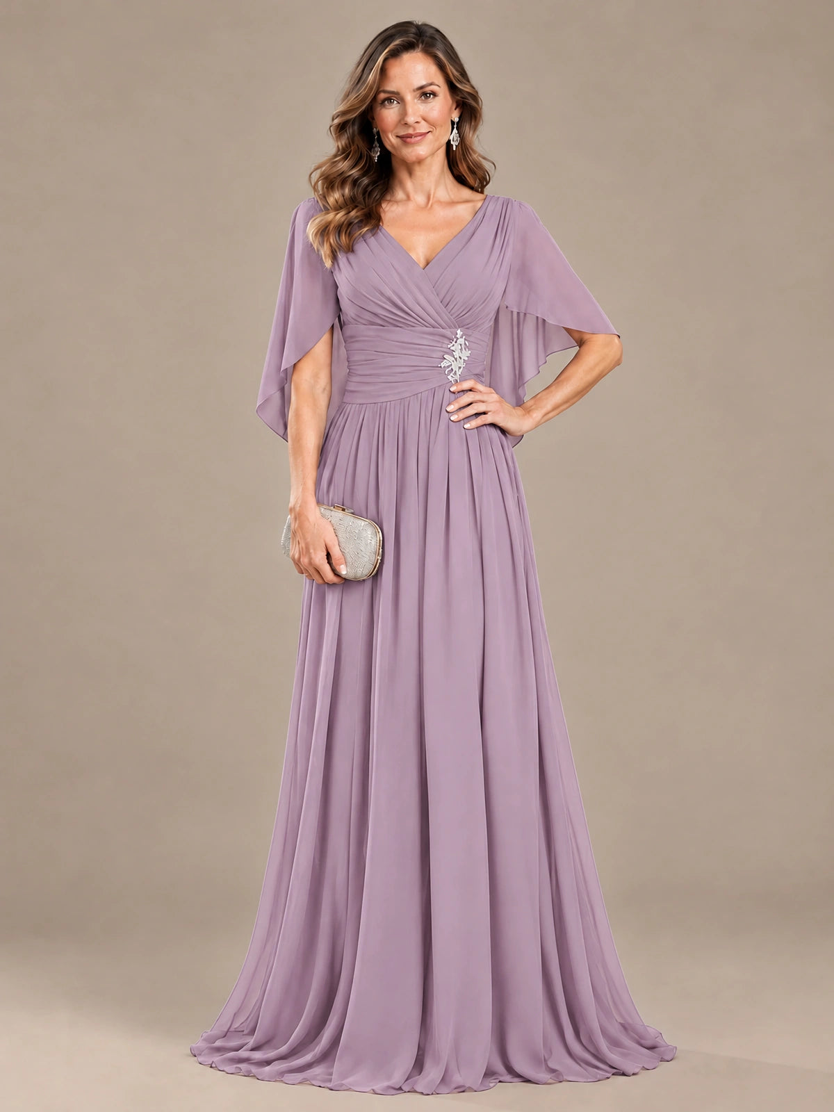 Ruched V Neck Mother of The Bride Dresses with Shawls Appliques and Cap Sleeves