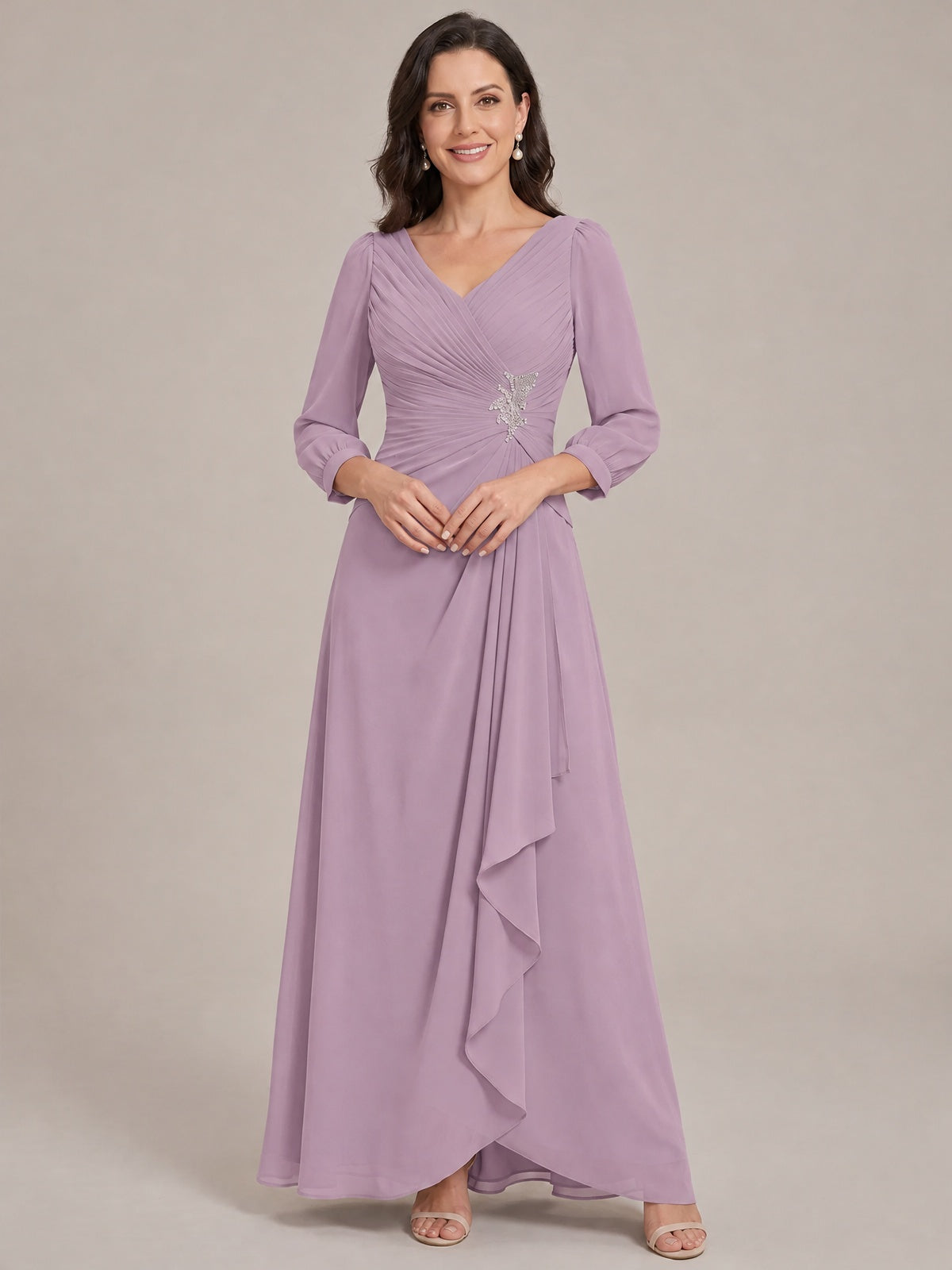 Dusty Purple-Long Sleeve Chiffon Beaded Mother of The Bride Dresses for Women