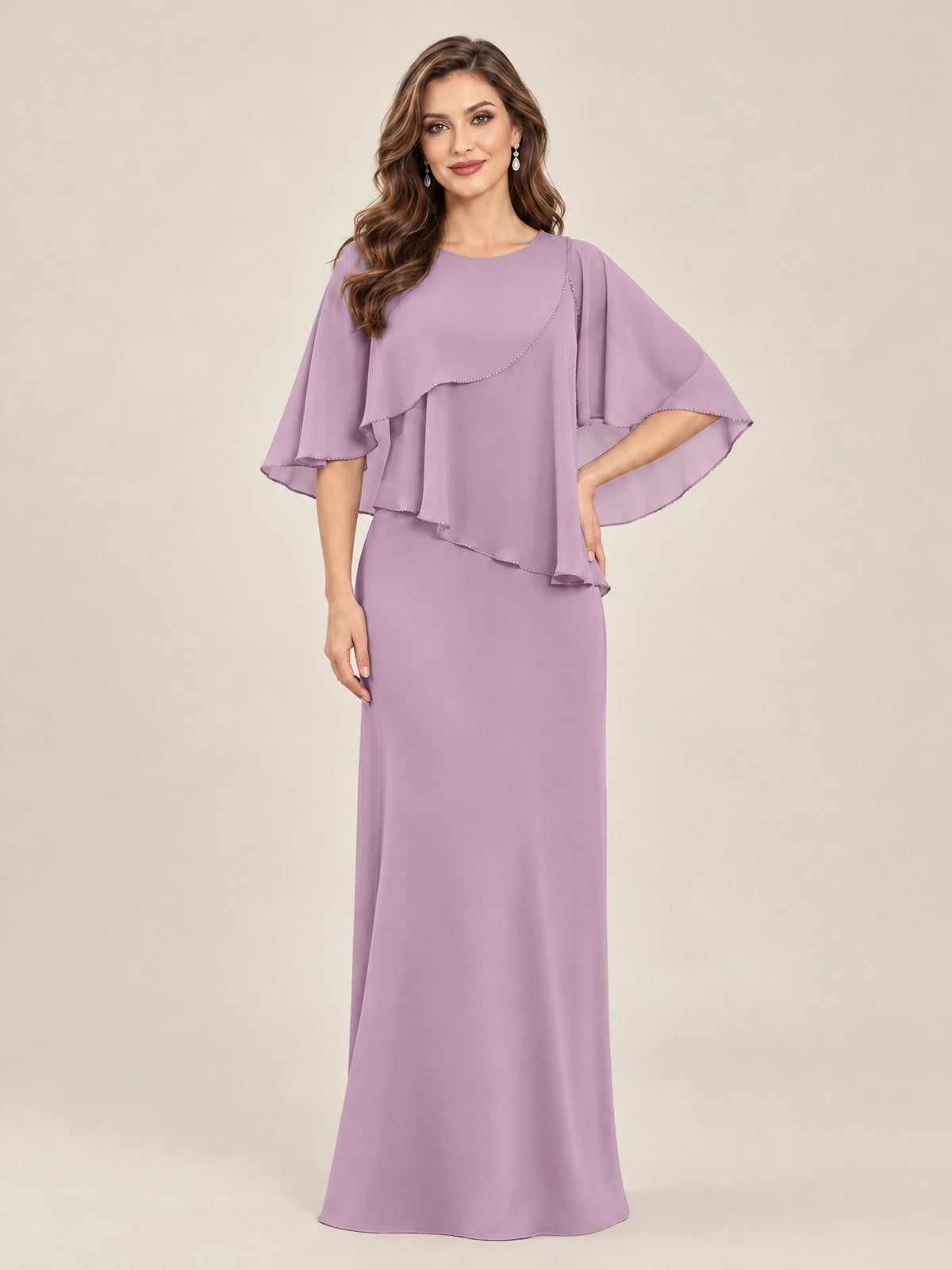 Dusty Purple-Chiffon 2 Piece A Line Mother of The Bride Dresses with Cape