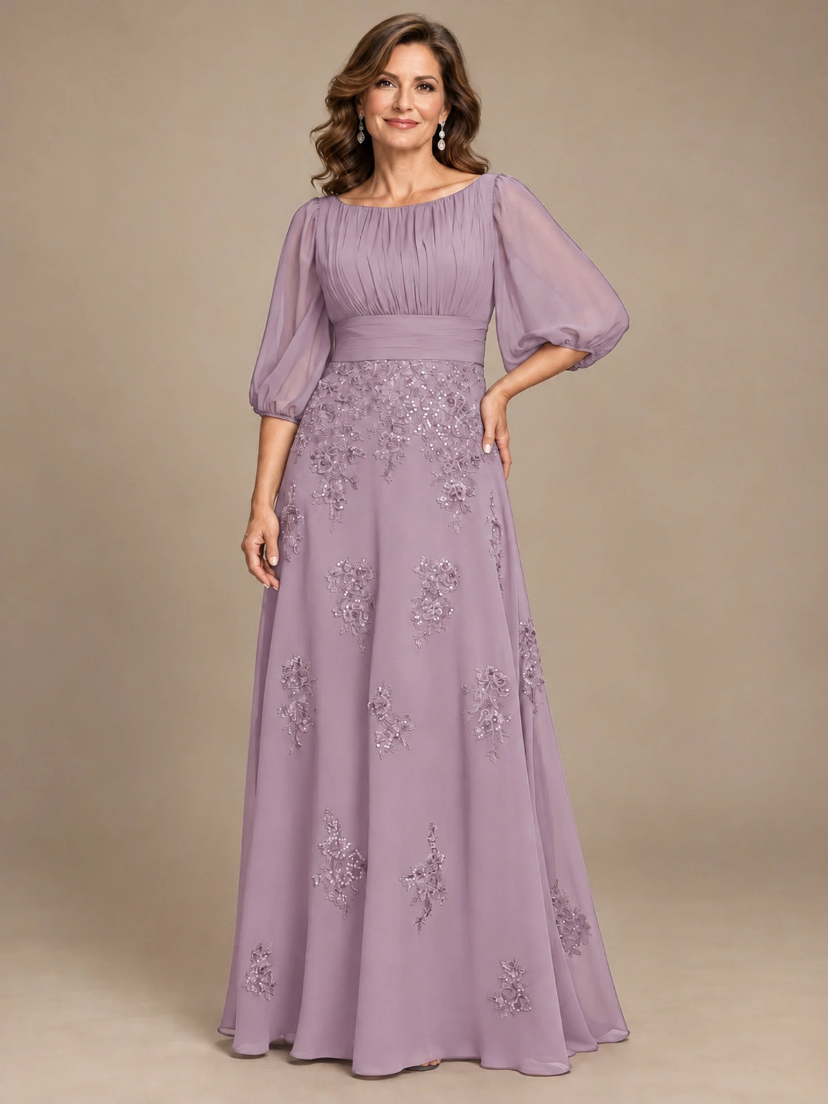 A-Line Mother of the Bride Dress with Sheer Puff Sleeves
