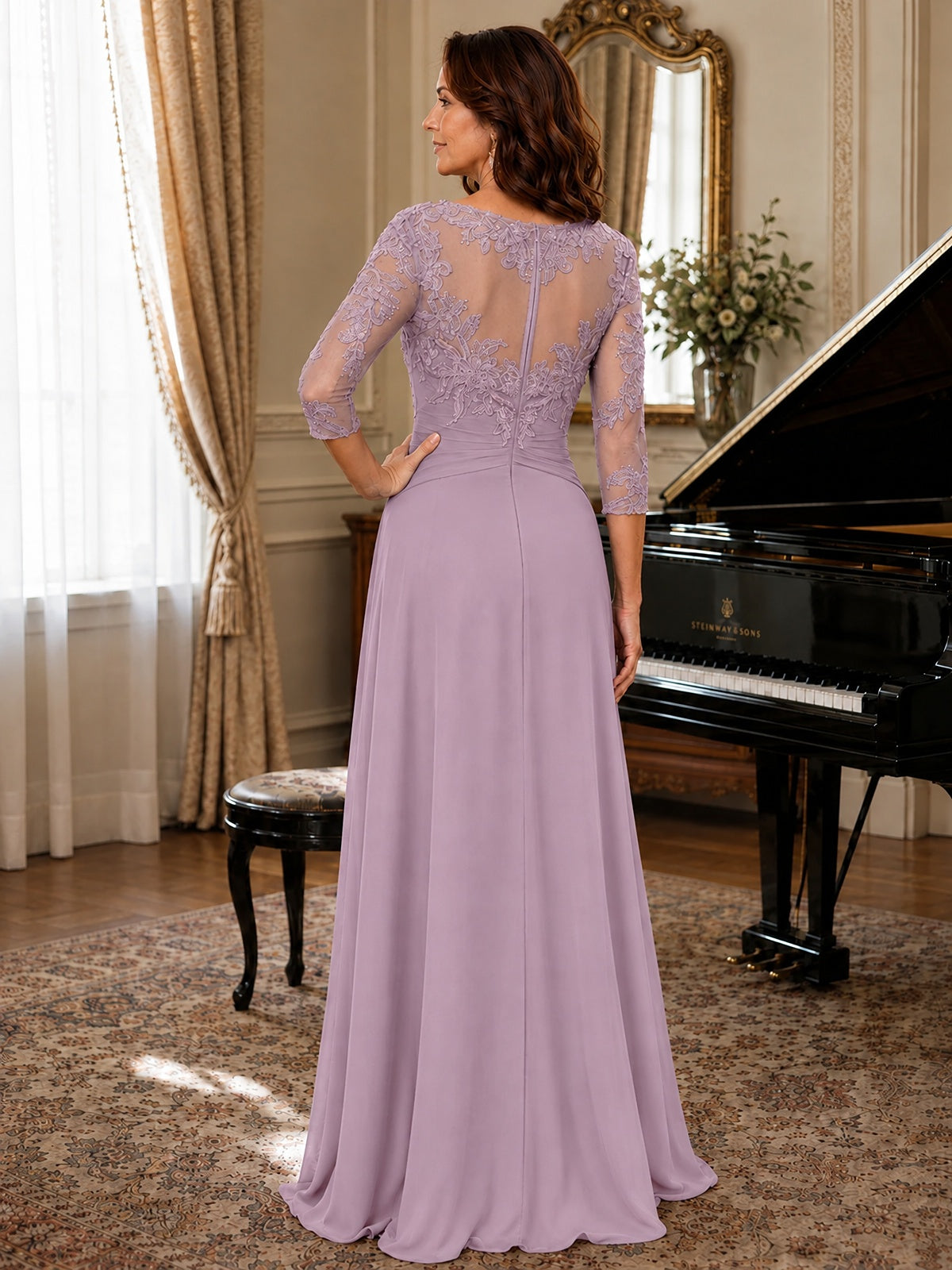 A-Line Chiffon Mother of the Bride Dress with Floral Applique 3/4 Sleeves