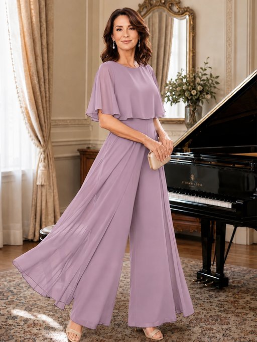 Chiffon Mother of the Bride Jumpsuit with Layered Cape Sleeves