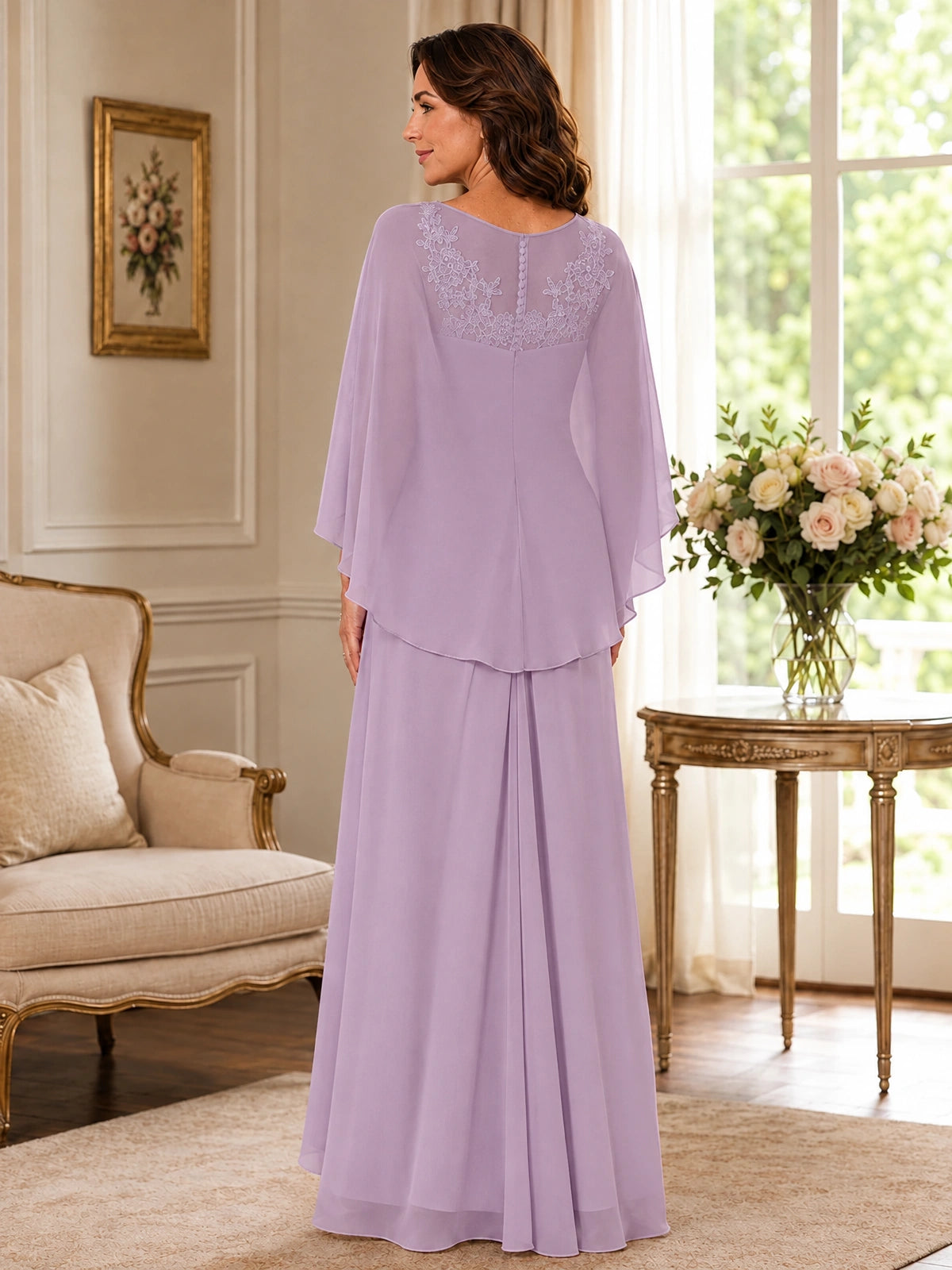 Elegant Chiffon Mother of the Bride Dress with Lace Applique and Cape Sleeves