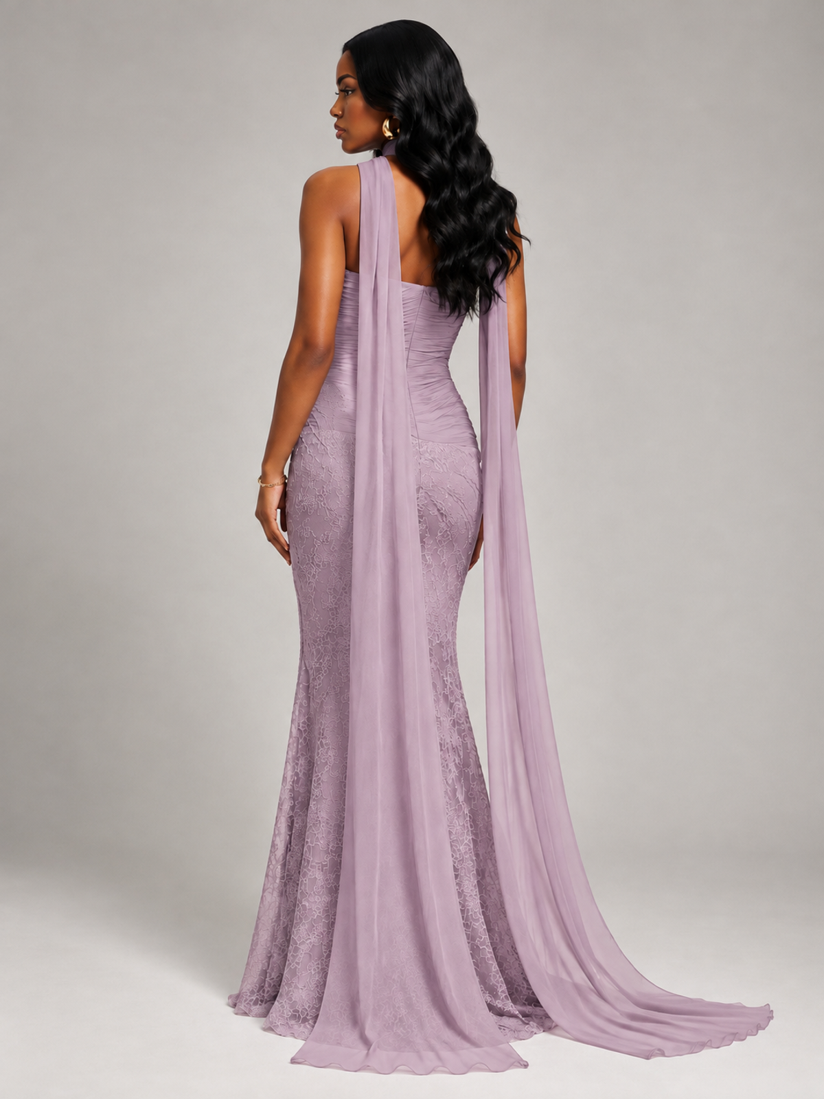 Pleated Chiffon Lace Prom Dresses Long Bodycon Mermaid with Scarf