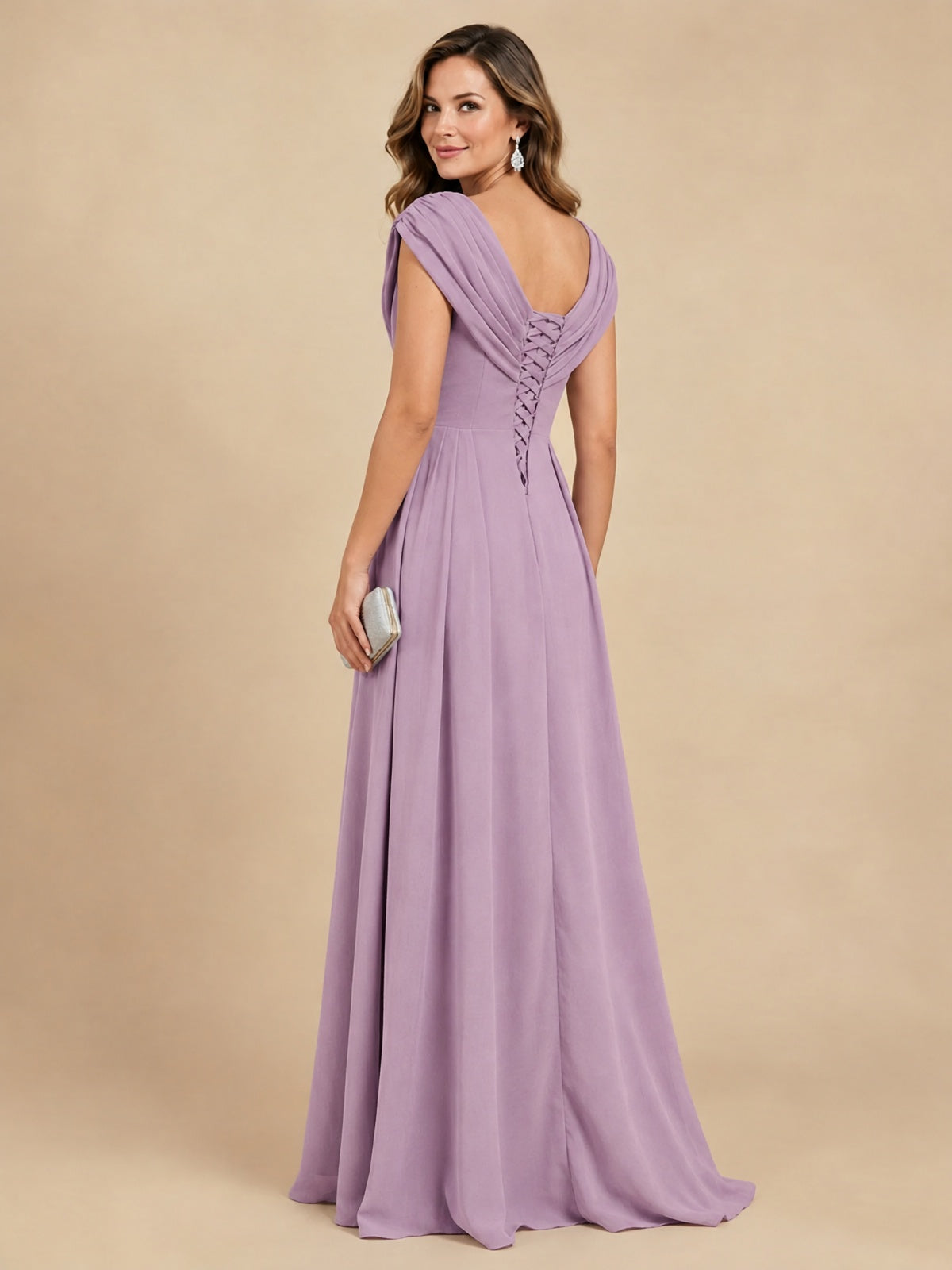 V Neck Pleated Mother of The Bride Dresses with Beading Cap Sleeves