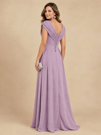 V Neck Pleated Mother of The Bride Dresses with Beading Cap Sleeves