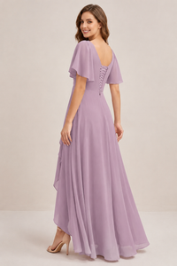 Dusty Blue Chiffon Bridesmaid Dress with Flutter Sleeves & High-Low Hem