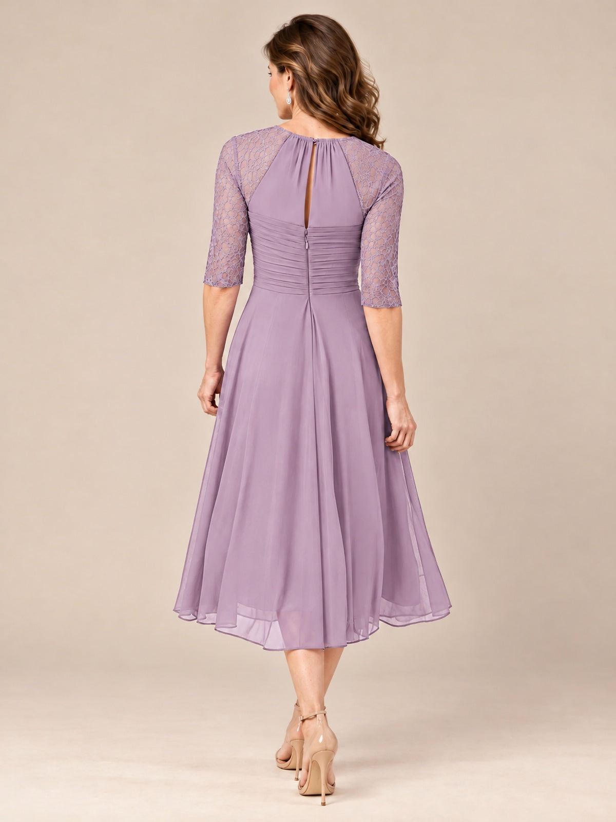 Tea-Length Mother of the Bride Dress with Lace 3/4 Sleeves