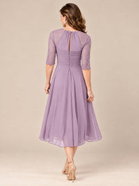 Tea-Length Mother of the Bride Dress with Lace 3/4 Sleeves