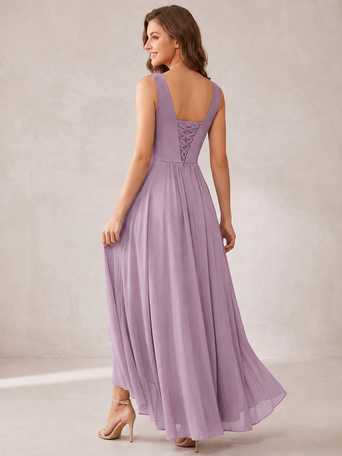 V-Neck High-Low Chiffon Bridesmaid Dress with Ruffles
