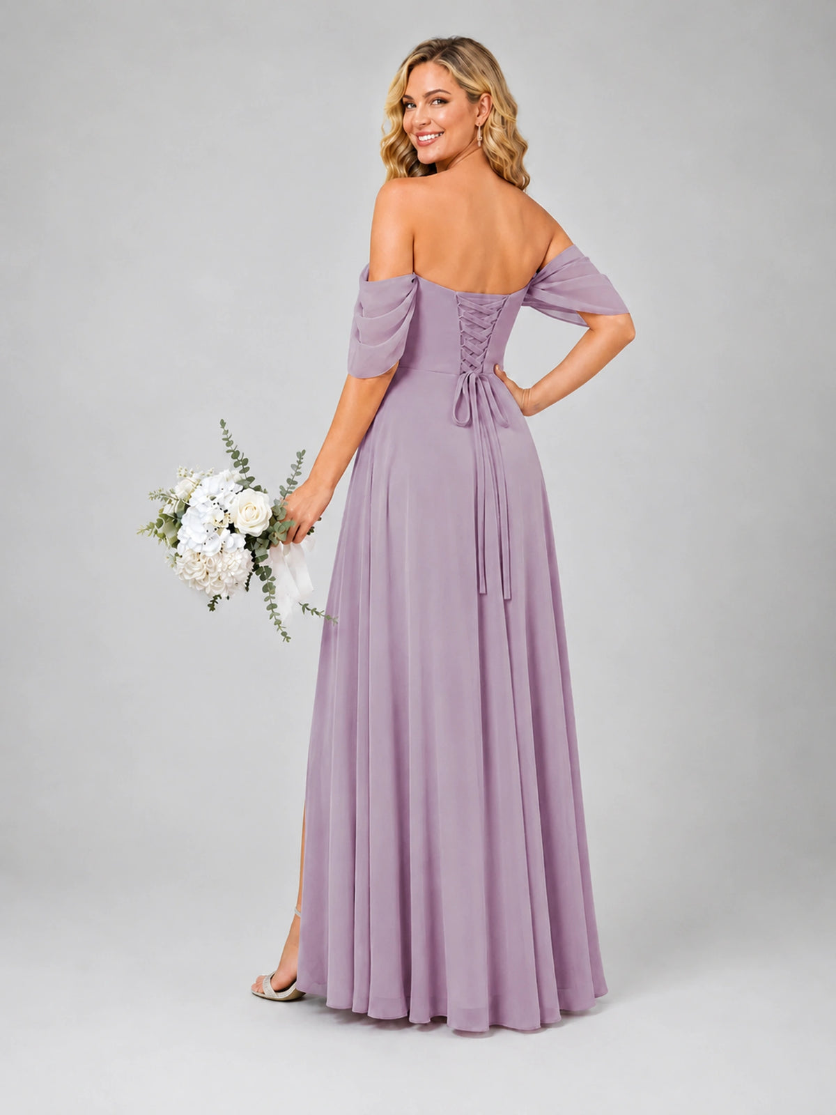 Off Shoulder Chiffon Bridesmaid Dress with Slit