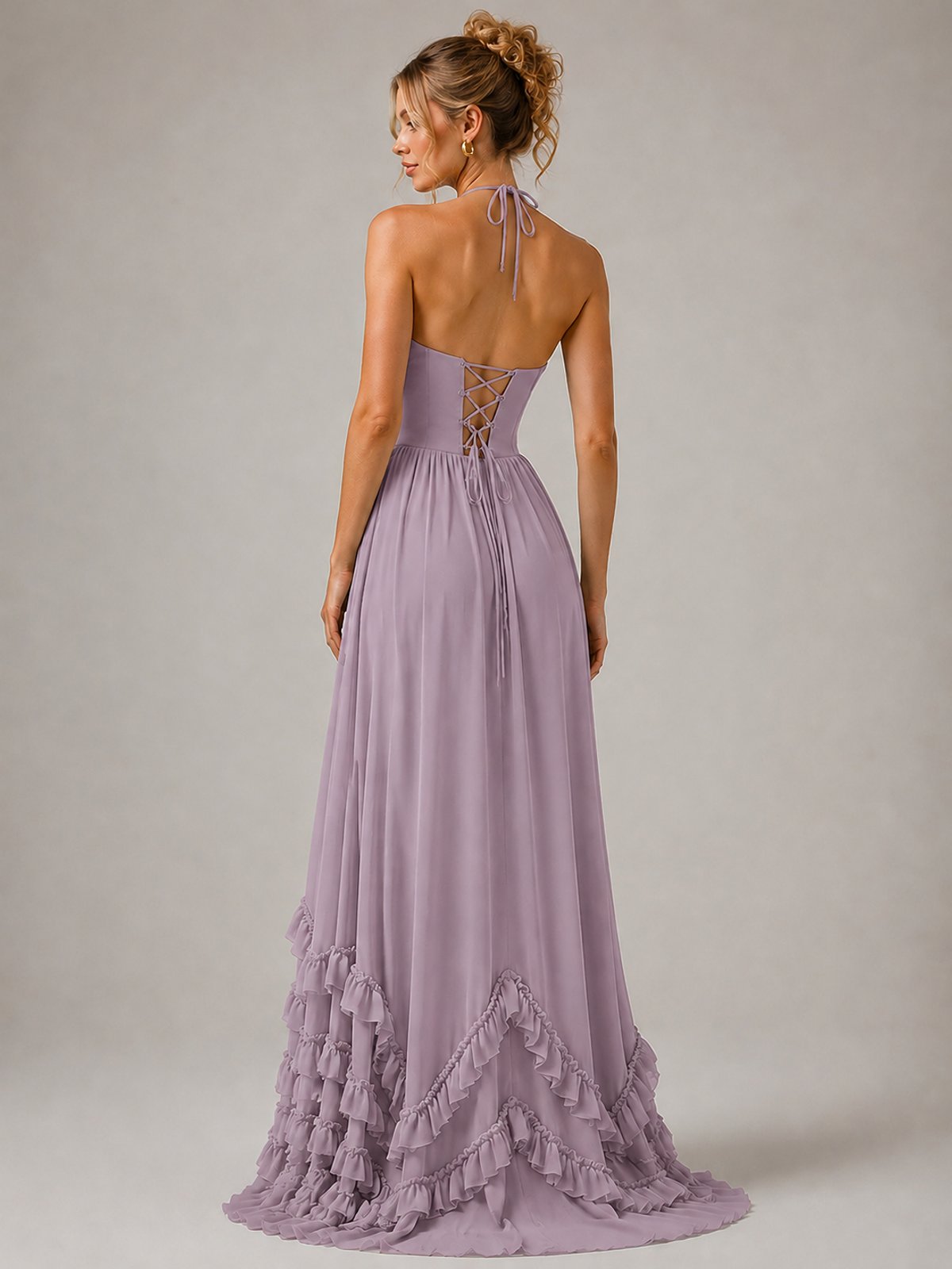 Halter V Neck Chiffon Formal Dress with Lace-Up Back and Ruffle Hem