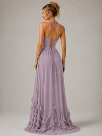 Halter V Neck Chiffon Formal Dress with Lace-Up Back and Ruffle Hem