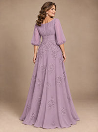 A-Line Mother of the Bride Dress with Sheer Puff Sleeves