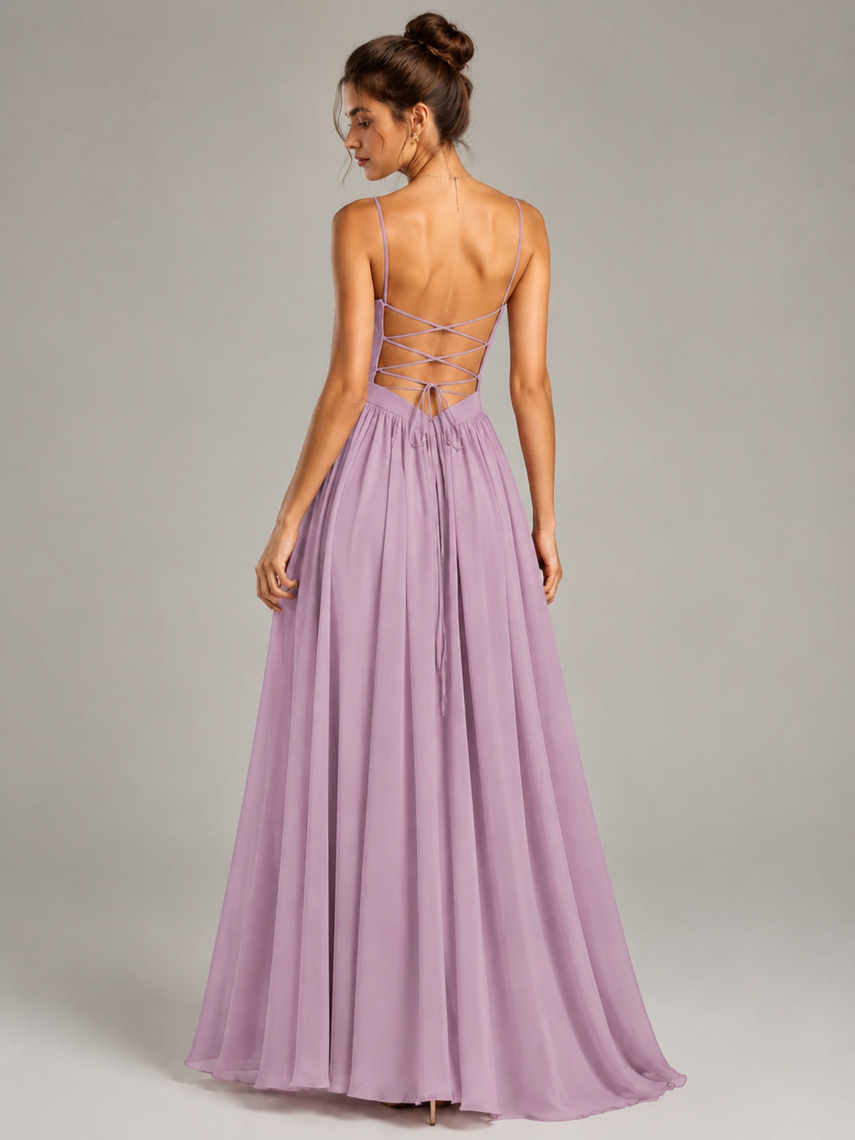 Spaghetti Strap Ruched Chiffon Maxi Dress with Backless