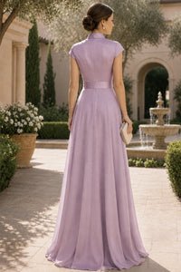V Neck Cap Sleeve A-Line Floor-Length Satin Bridesmaid Dress