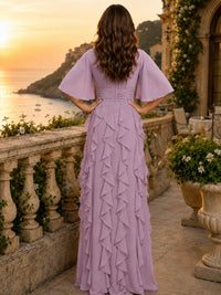 Elegant Chiffon Mother of the Bride Dress with Flutter Sleeves and Ruffle Skirt