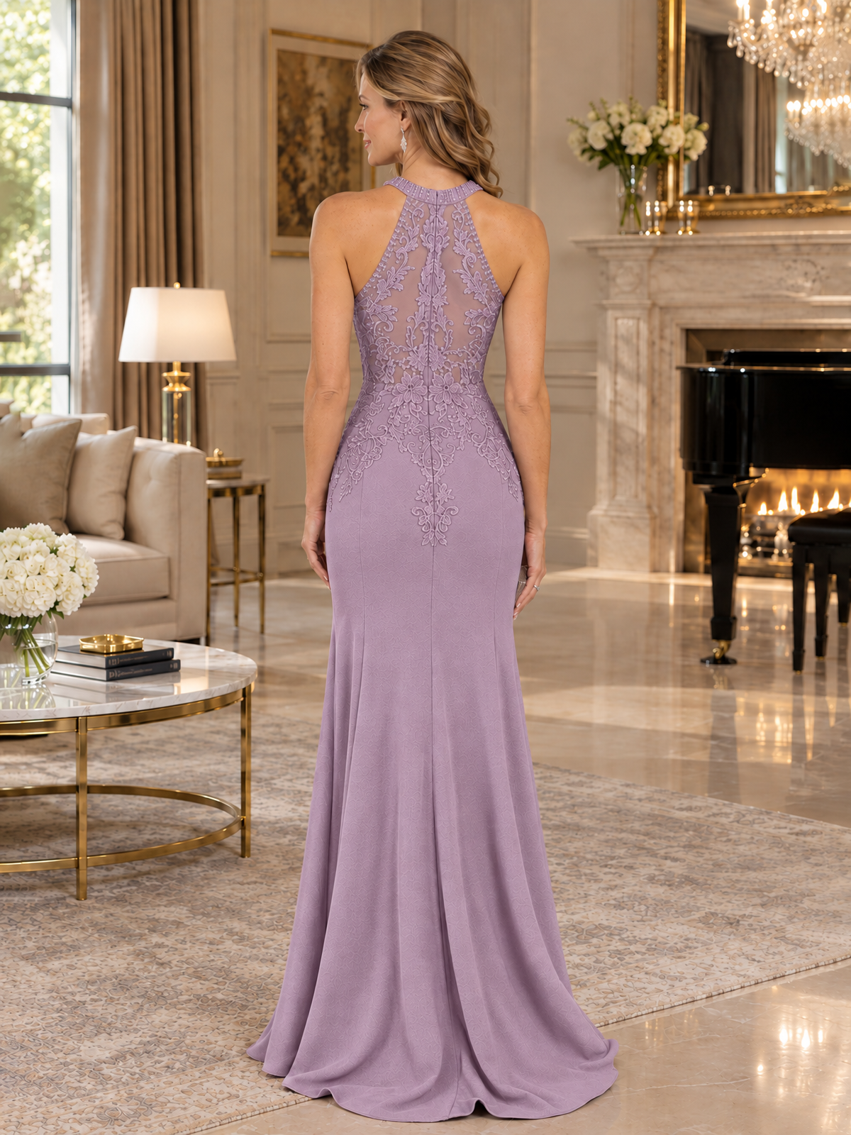 Halter Neckline Lace Appliques Mother of The Bride Dresses