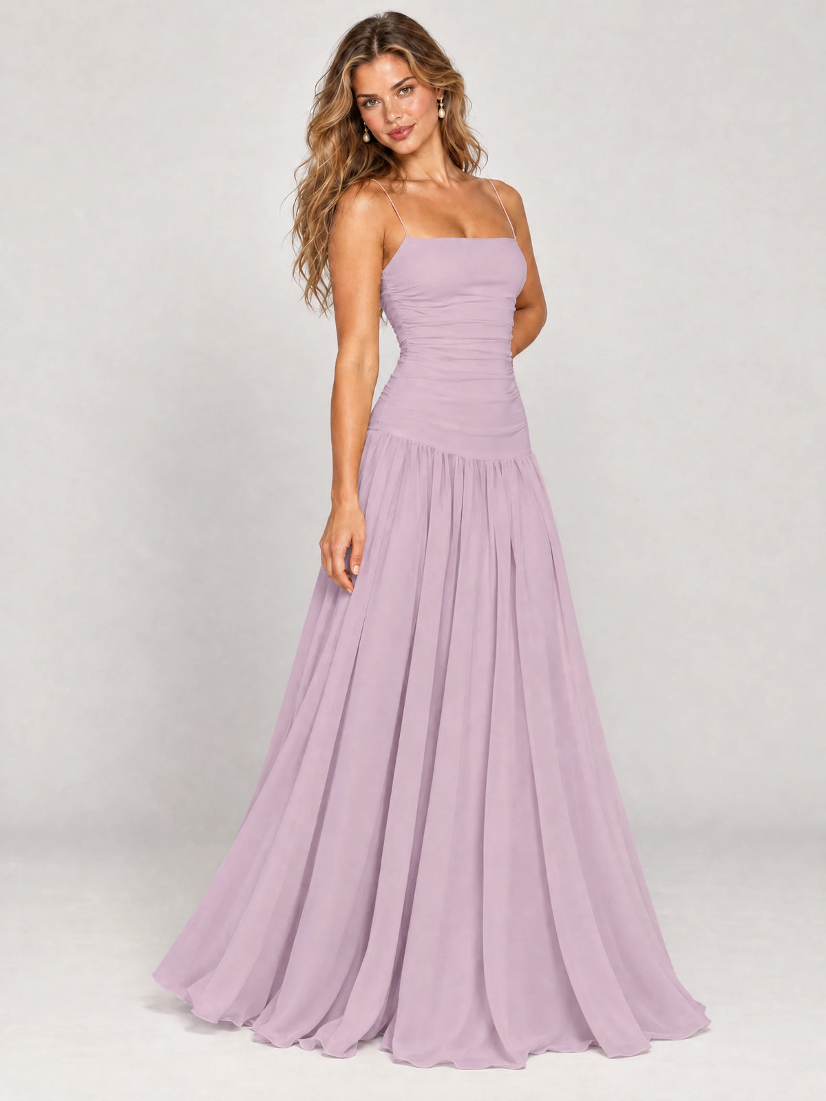 Butter Yellow Ruched Spaghetti Strap Drop-Waist Prom Dress